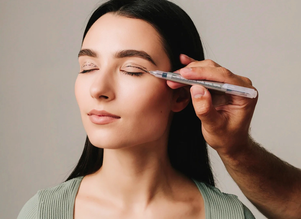 Surgeon is drawing marking lines on eyelid of patient to have accurate operation