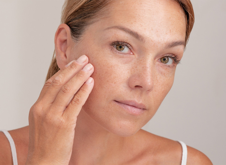 Portrait of cropped caucasian middle aged woman face with freckles touching skin by hand on white background