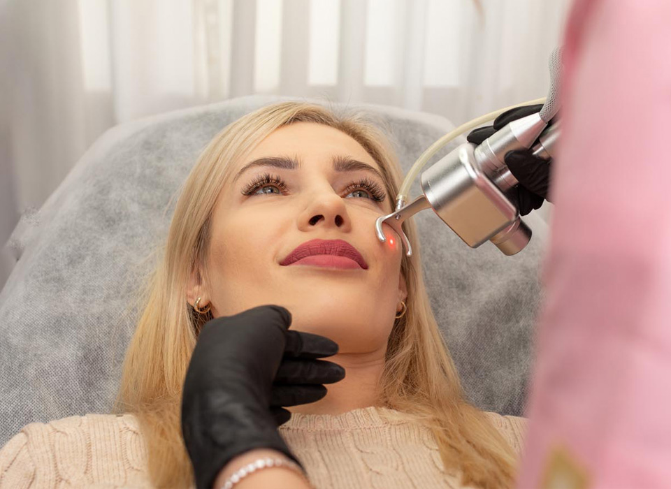 Blond woman lies on couch and receives laser rejuvenation procedure