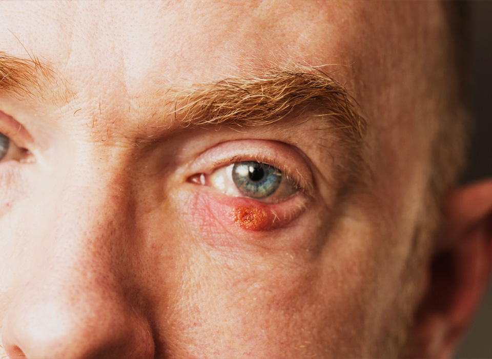 Man's infected eye with stye called a chalazion