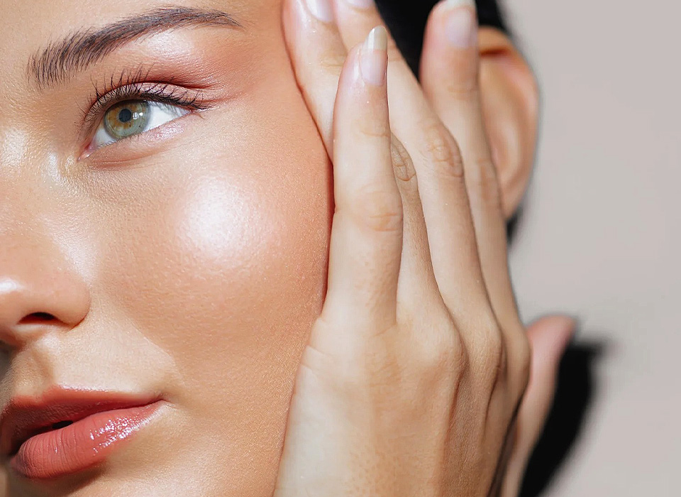 A close-up shot of a woman with glowing skin and natural makeup in a studio setting