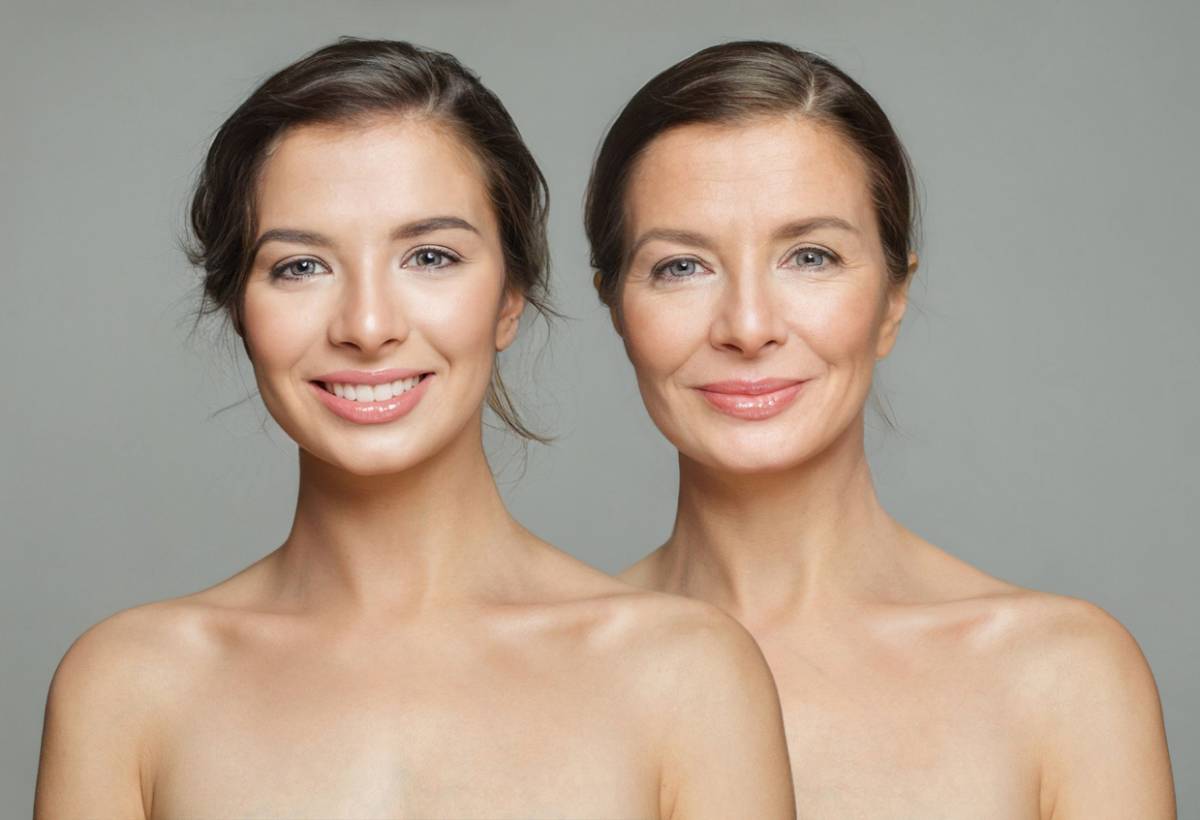 a woman's older and younger self standing side by side