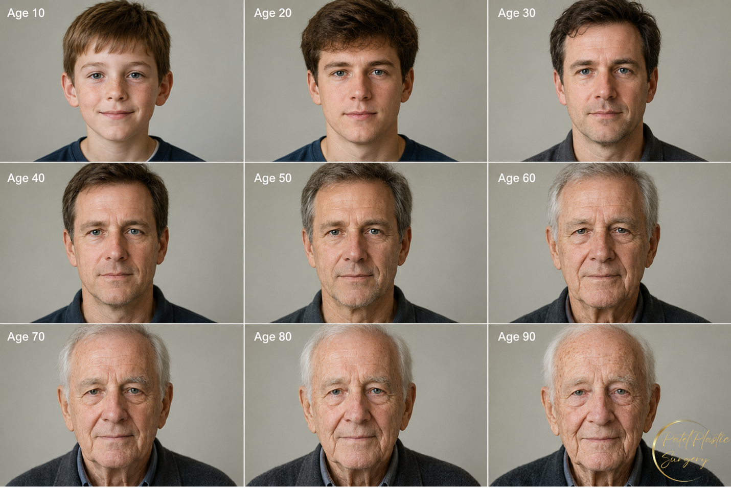 image showing how male face ages from age 10 to 90 years